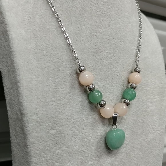 Aventurine Necklace Natural Gemstone Pendant Beads Stainless-Steel Green & Peach - Picture 6 of 17